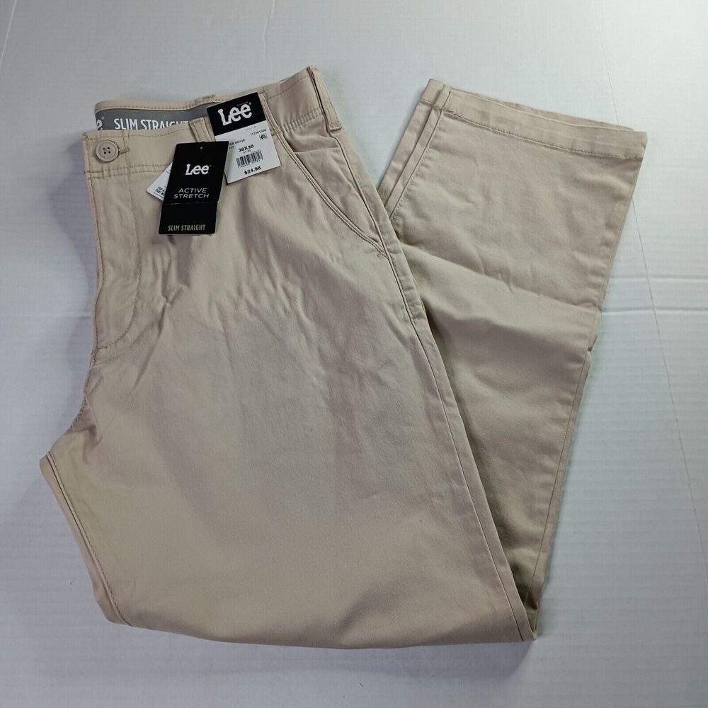 Lee Flat Front Chino with Motion Flex Waistband Pants Men's 36x30 Beige Slim Fit